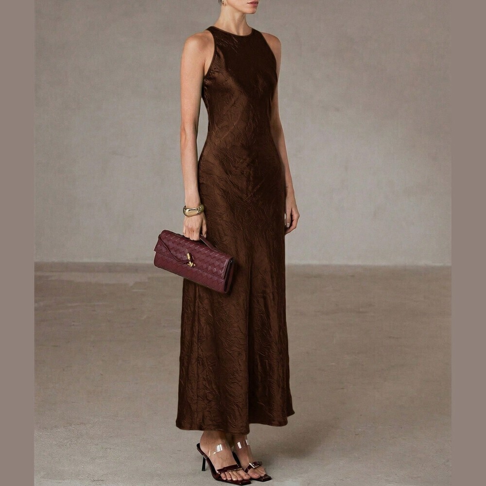 Chocolate Brown Satin Racerback Maxi Dress - Picture 3 of 7